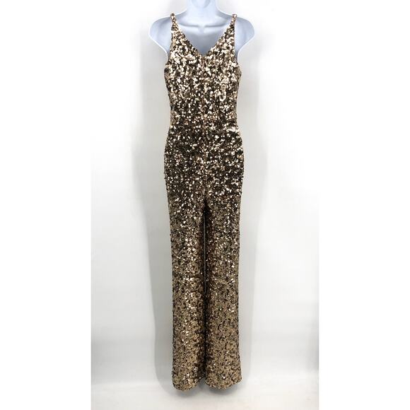 DRESS THE POPULATION Charlie Sequin Jumpsuit XS Soft Gold Multi Sleeveless NWOT - Picture 7 of 9